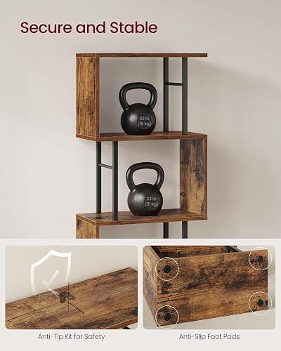 VASAGLE 6-Tier Bookshelf, S-Shaped Wood and Metal Bookcase, Tall Narrow Display Shelf, 15 x 9.4 x 61.9 in, for Living Room Storage, Rustic Brown and Matte Black, Barnet Collection ULLS172KD01 thumbnail 6
