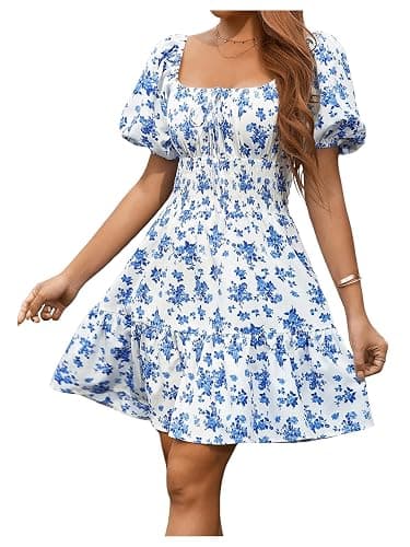 Floerns Women's Boho Square Neck Puff Short Sleeve Self Tie Front A Line Dress thumbnail 3