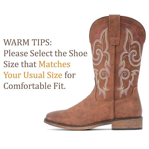 IUV Cowboy Boots For Women Square Toe Wide Western Boots Mid Calf Cowgirl Boots Pull On Fashion Embroidered Cowboy Boots thumbnail 4