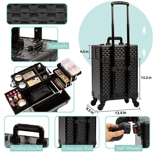 AROUS Rolling Makeup Train Case, Large Storage Cosmetic Trolley 4 Tray with 360° Swivel Wheels Keys, Large Storage Traveling Cart Trunk, Cosmetic Train Cases for Nail Technicians Hairstylist, Black thumbnail 5