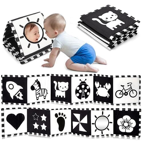 URMYWO Black & White Stoff-Buch, Stoffbuch Baby, Kontrastbuch Schwarz Weiß Buch, Kontrast Spielzeug Baby Grafiken Stoffbücher für Babys Kleinkinder ab 0+ Monaten Frühe Lernspielzeug - Image 1