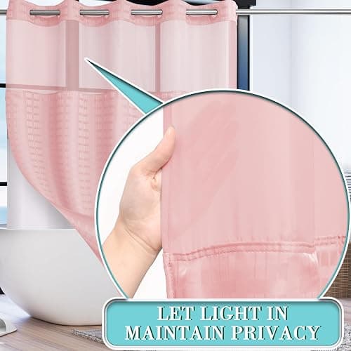 Conbo Mio Extra Long No Hook Shower Curtain with Snap in Liner Set, Hotel Luxury Pink Shower Curtains for Bathroom with See Through Top Window, Waterproof, Washable 71W x 84H thumbnail 3