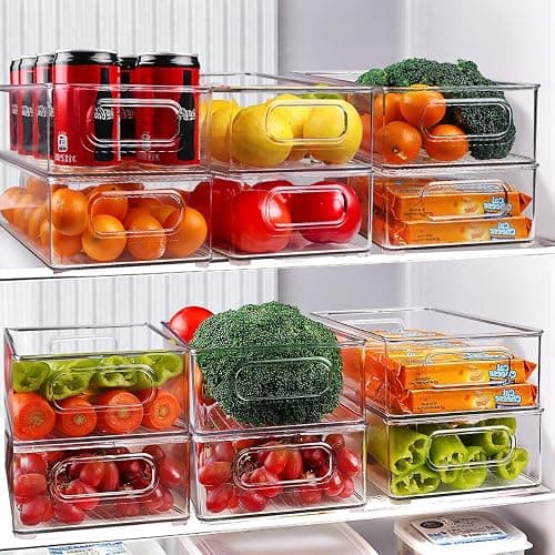 Stackable Refrigerator Organizer Bins, 6 Pack Clear Kitchen Organizer Container Bins with Handles and 20 PCS Plastic Bags for Pantry, Cabinets, Shelves, Drawer, Freezer - Food Safe, BPA Free 10"L thumbnail 2