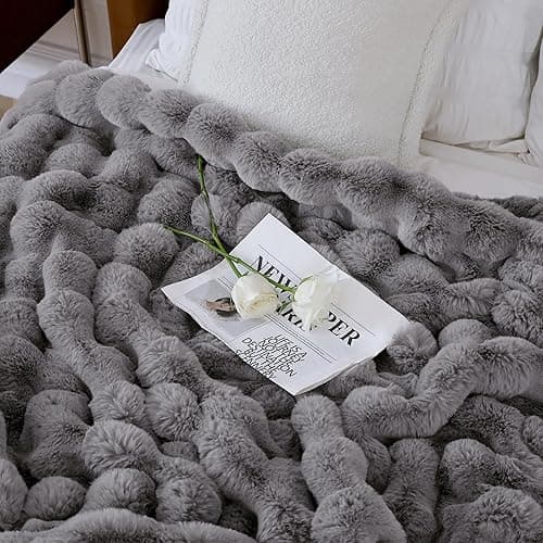 CozyBloom Luxury Soft FauxFur Throw for Couch - Decorative Cozy Plush Long Shaggy Fluffy Grey Solid Comfy Fleece Furry Reversible Puffy Thick Warm Blanket - 50''X60'' (JF003) - Grey - Throw-50" x 60" thumbnail 5