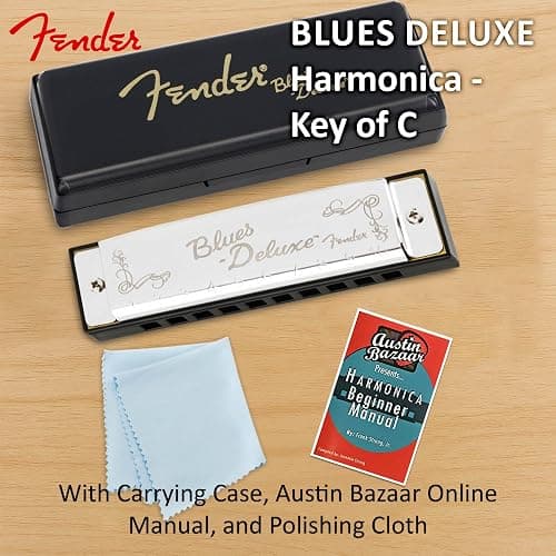Fender Blues Deluxe Harmonica - Key of C Bundle with Carrying Case, Austin Bazaar Online Manual, and Polishing Cloth thumbnail 2