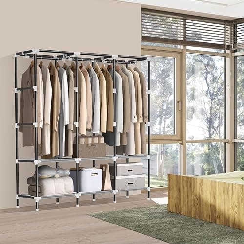 LOKEME Wardrobe Closet,Portable Closet for Bedroom Steel Pipe Diameter 19mm Strong and Sturdy Black Portable Closets for Hanging Clothes with 3 Hanging rods, 6 Storage Shelves and Side Pockets thumbnail 4