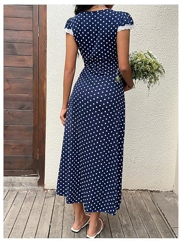 Milumia Women's Polka Dots Lace Trim V Neck Dress Short Sleeve Long Dresses | Cinched Waist, Elegant, Flowy, Sundress, Summer, Spring, Flared, Going Out, A‑Line,Church Dresses thumbnail 3