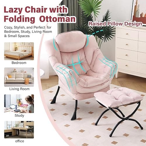 Furlide Lazy Chair with Ottoman, Modern Chair with Folding Footrest, Lounge Accent Chair, Comfortable Reading Chair, Oversized Armchairs for Bedroom, Study, Living Room, Courtyard (Pink) thumbnail 7