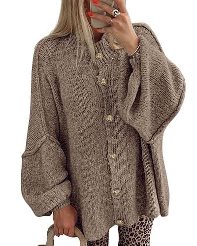 BTFBM Cardigan Sweaters for Women 2025 Fall Clothes Lantern Long Sleeve Button Open Front Chunky Knit Oversized Sweater - Image 1