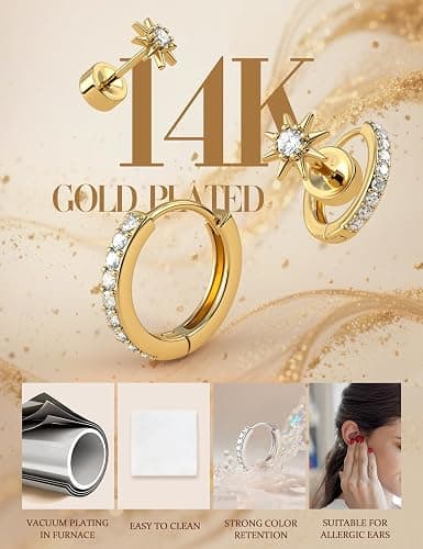 Florideco Flat Back Earrings Hypoallergenic Surgical Steel Earrings for Women Trendy Cartilage Chain Hoop Earring Studs 14K Gold Plated Star Heart CZ Flatback Stud Earring Sets for Multiple Piercing thumbnail 3