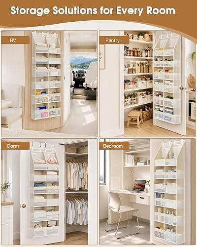 Criusia Over the Door Organizer, Extra Large 12 Compartments Closet Hanging Storage with 14 Mesh Pockets, 85lbs Capacity Behind the Door Storage for Baby Nursery, Bathroom, Bedroom, and Dorm, Beige thumbnail 7