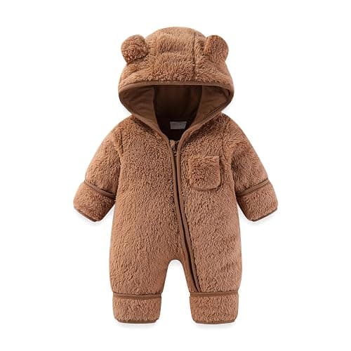 AiWMGL Newborn Baby Bear Outfit With Fold-Over Mittens and Footies Girls Boys Winter Fleece Clothes Hooded Romper Snowsuit - Image 1