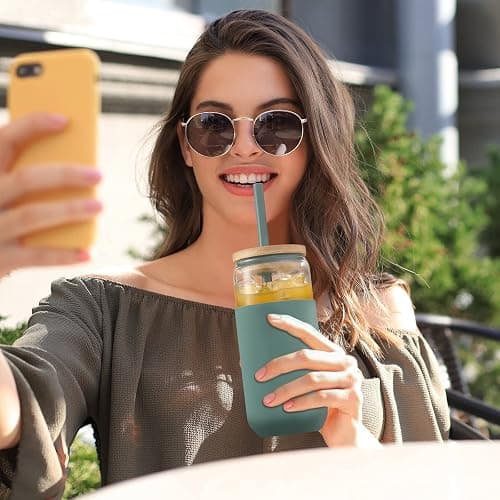 20oz Glass Water Tumbler with Silicone Protective Sleeve - Beer Shaped Glass Cups with Straw and Bamboo Lid, Iced Coffee Glasses, Cute Drinking Glasses for Water, Smoothie, Gift - Cambridge Blue thumbnail 3