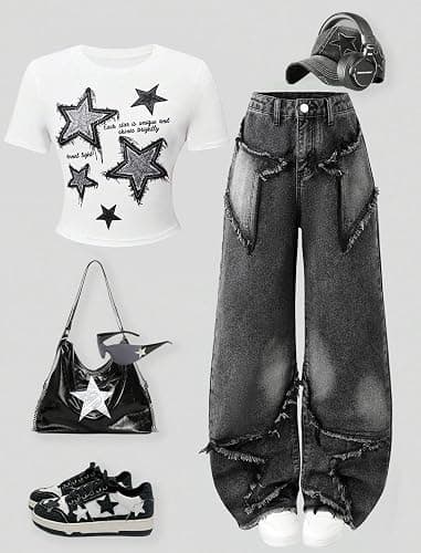 Peakpride Y2K Baggy Jeans for Women Girls Star Patchwork Wide Leg Raw Hem Denim Pants Hip Hop Streetwear Preppy Clothes thumbnail 6