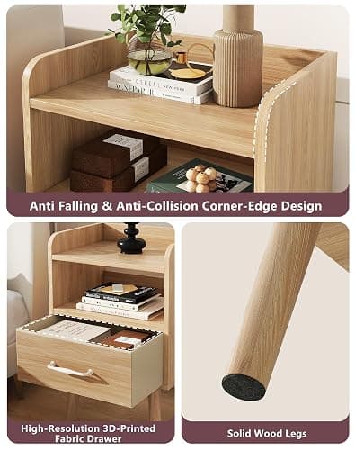 YMYNY Bedside Table Set of 2, Nightstand, Side Table, Wooden Sofa End Table with Fabric Drawer, Open Shelf, Solid Wood Legs, 15.35" x 11.42" x 24.41", for Bedroom, Natural UHST021N-2 thumbnail 4