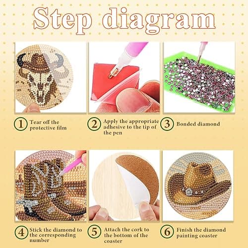 DOTSOPS 8 Pcs Cowboy Diamond Painting Coasters with Holder for Beginners | 5D Diamond Art Kits for Adults,Round Full Drill Gem Dots,Craft Arts DIY Supplies Party Home Decor 4 in thumbnail 3