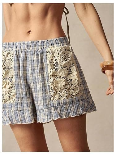 MakeMeChic Women's Boho Floral Lace Shorts Plaid Elastic Waist Ruffle Short | Shorts for Women, Summer Casual Beachwear, Going Out Pants, Loungewear thumbnail 4