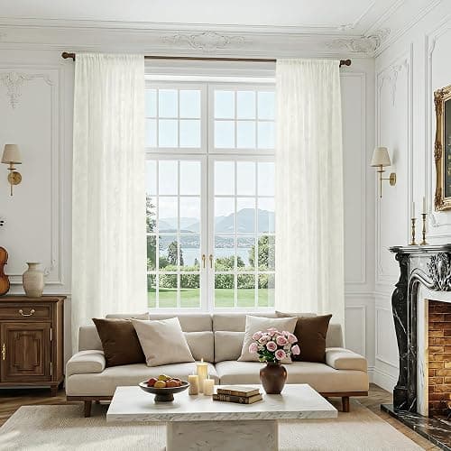 FMFUNCTEX Beige Semi Sheer Curtains for Bedroom, Floral Jacquard Voile Light Filtering Privacy Curtains 84 Inches Long for Living Room, Voile Light Filtering Privacy Window Drapes Rod Pocket 2 Panels thumbnail 6