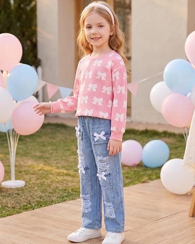 Yhnslsf Toddler Girl Clothes Fall Little Girls 2 Piece Outfit Sets 3-8Years | Winter Sweatshirt Print Wide Leg Jean Pants Kids Girls Clothing Sets,Back to School Girl Outfits,Cute Birthday Gifts Clothes thumbnail 3