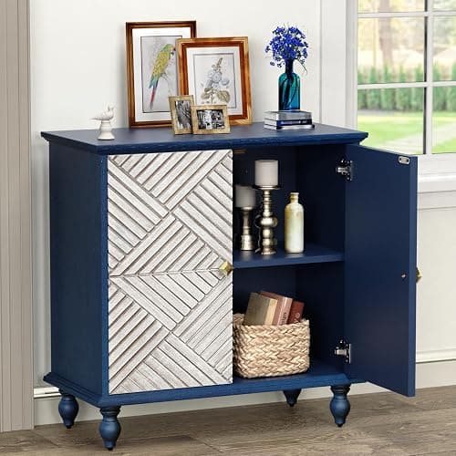 BHAODEAL Antique Wood Carved Accent Cabinet with 2 Doors, Rustic Sideboard Buffet Cabinet with Storage, Antique Credenza for Living Room Entryway Kitchen (Navy Blue) thumbnail 4
