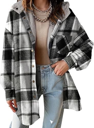 Dokotoo Women's Flannel Hooded Plaid 2025 Shacket Thick Coat Winter Coat for Warmth Button down Warm and Fuzzy Fleece Jacket - Image 1
