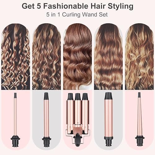 Curling Iron Hair Curler 5 In 1 Curling Wand Set Hair Crimper Beach Waves Hair Waver for Women 3 Barrel Triple Tool for Wavy Wands with 3/4 inch to 1 1/2 inch Attachments Hair Styling Tools thumbnail 2