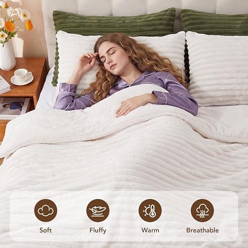 HYLEORY Fluffy Queen Comforter Set 3 Pieces - Fleece Fluffy Soft & Warm Plush Cream White Comforter Sets, Luxury Fuzzy Bedding Sets, All Season Heavy Bed Set Queen Size with 2 Pillowcases thumbnail 2