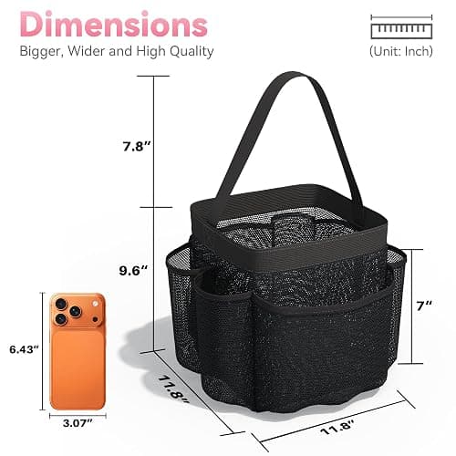 YASONIC Mesh Shower Caddy Portable for Dorm College Room Essentials, 8-Pocket Large Shower Bag with Single Handles, Hanging Shower Basket for Beach, Swimming, Bathroom, Beach, Black thumbnail 2