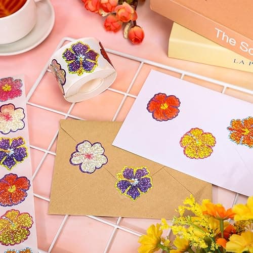 Whaline Summer Tropical Floral Stickers Roll Laser Hibiscus Flower Seal Stickers Colored Waterproof Self-Adhesive Decals for Envelope Journal Decor Hawaiian Luau Holiday, 500 Pcs thumbnail 2