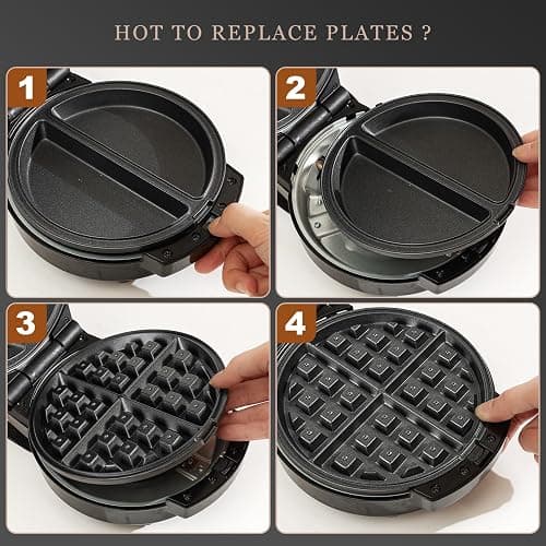 Mini Waffles Maker with 6 Removable Plates, 3 in 1 Small Waffle Maker Mini- Waffle, Pancake, Donut, 6" Non Stick Waffle Iron for Kids and Families, Black thumbnail 4