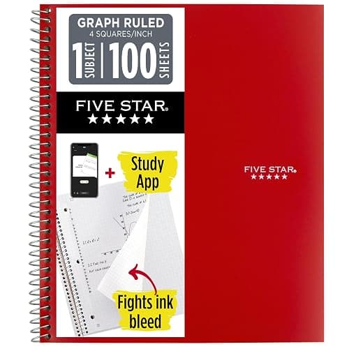 Five Star Spiral Notebook + Study App, 1 Subject, Graph Ruled Paper, 8-1/2" x 11", 100 Sheets, Fights Ink Bleed, Water Resistant Cover, Fire Red (620000D) - Image 1