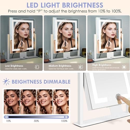 LuxeVue Makeup Mirror with Lights – HD Vanity Mirror with 3 Color Modes, Touch Sensor, 360° Rotatable Metal Frame, Detachable 3.5" 15X Magnifying Mirror, 14.1", White – Gift-Ready for Her or Bedroom thumbnail 4