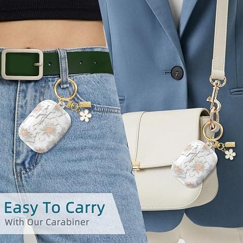 AIIEKZ Compatible with AirPods Pro Case Cover 2019, Soft TPU Case with Cute Flower Pattern for AirPods Pro 1st Generation Case with Flower Keychain and Carabiner for Girls Women (White) thumbnail 7