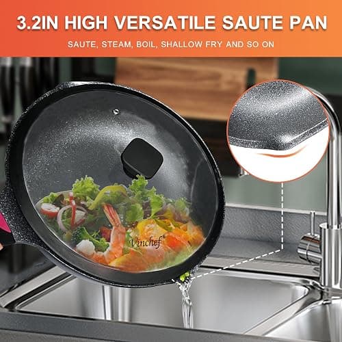 Vinchef New Handle Update 11In/5Qt Aluminum Nonstick Deep Frying Pan with Lid and Heat Indicator, Anti Scratch and Anti Stain Deep Saute Pan, Induction Compatible thumbnail 8