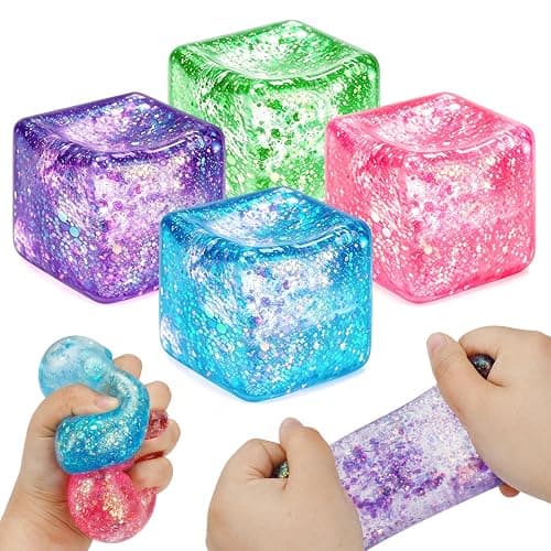 4 Pack Glitter Ice Cube Squishy Fidget Toys, Squishy Cube Stress Balls for Adults & Kids, Slow Rising Stress Relief Toys, Squeeze Ball Filled with Thick Substance and Glitter - Image 1