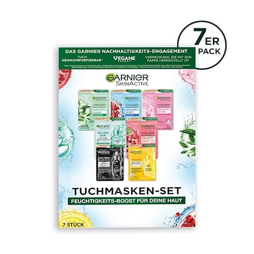 Garnier Tuchmasken Set für jeden Hauttyp, 7 Gesichtsmasken für trockene bis normale Haut, Vegane Formel mit Hyaluronsäure, Hydra Bomb und Nutri Bomb Maskenset, 7 x 28 g thumbnail 4