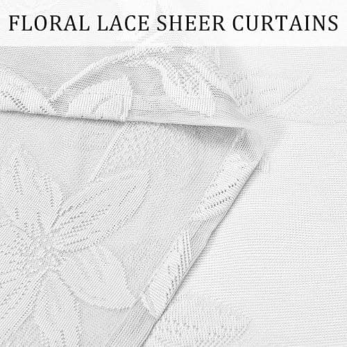 DWCN White Floral Lace Sheer Curtains - Rod Pocket Window Voile Sheer Drapes for Bedroom Kitchen Short Curtains 52 x 45 inch Length, Set of 2 Curtain Panels thumbnail 5