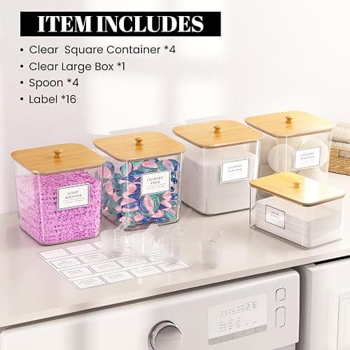 4+1 Pack Laundry Room Organization Containers,Clear Laundry Pods Container,Large Laundry Detergent Powder Storage Containers with Wooden Lids & Labels,Laundry Pods Holder for Scent Booster,Powder,Pods thumbnail 6