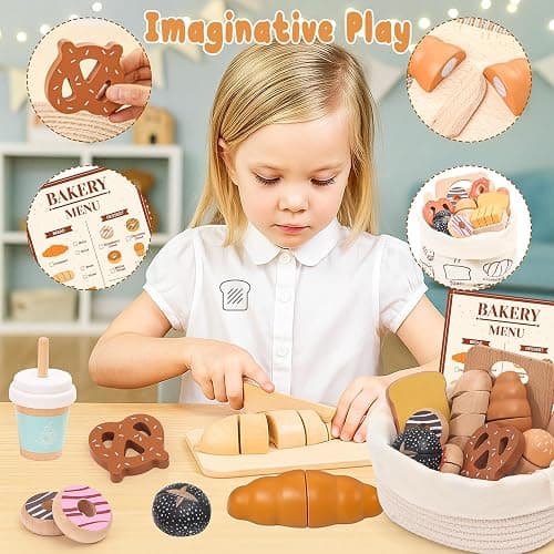 Wooden Bakery Playset Food Toys, Kids Pretend Play Food Baking Set Kitchen Accessories with Storage Bag, Pretend Play Bread Cutting Food for Boys Girls 3+ thumbnail 2