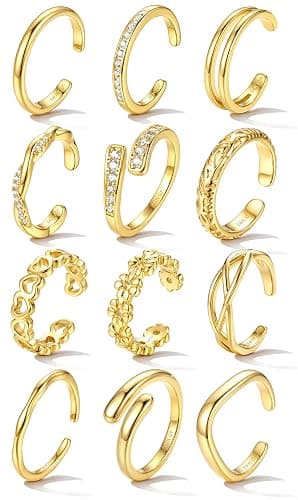 YADOCA Gold Toe Rings for Women Non Tarnish - Adjustable Silver Toe Ring | 12Pcs 14K Gold Filled Toe Rings Set - Waterproof Summer Beach Foot Jewelry - Hypoallergenic Open CZ Flower Hug Band - Image 1