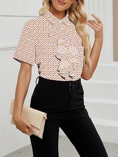 Vrtige Women's Ruffle Front Collar Neck Button Down Short Sleeve Blouse Shirt Top thumbnail 2