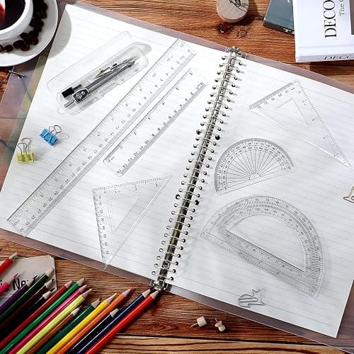 Zonon 1 Set Plastic Geometry Math Set Includes Drawing Compass, 6 and 4 Inch Protractor, 45/60 Degree Triangle Rulers 12 and 6 Inch Math Ruler Transparent for Office Supplies(Clear) thumbnail 2