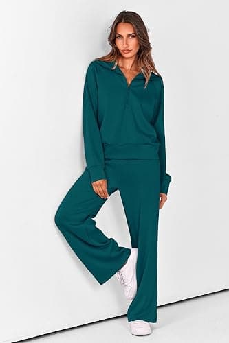 PRETTYGARDEN Women's 2 Piece Outfits Casual Lapel Half Zip Sweatshirts and Wide Leg Pants Tracksuit Sets thumbnail 2