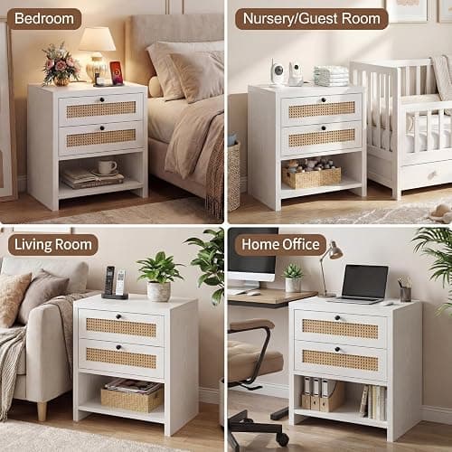 LIKIMIO Night Stand, 23" Wide Nightstand with Charging Station, Boho Side Table with Drawers and Open Shelf, Rattan Bedside End Table for Bedroom, White Oak thumbnail 7