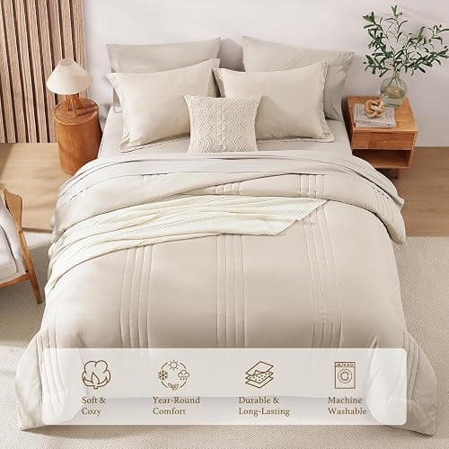 Queen Comforter Set-7 Pieces Beige Soft Bed in a Bag Queen Bedding Sets | Monbix All-Season Vertical Quilted Comforter with Sheets, Pillow Shams & Pillowcases thumbnail 3