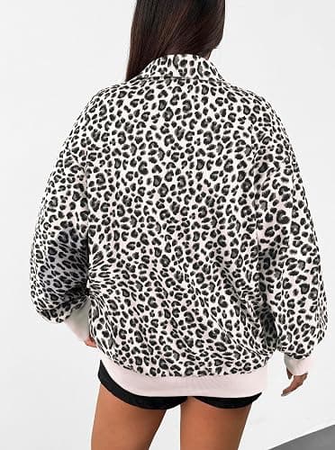 Hilinker Womens Cheetah Print Oversized Sweatshirt Half Zip Pullover Corduroy Long Sleeve Tops thumbnail 3