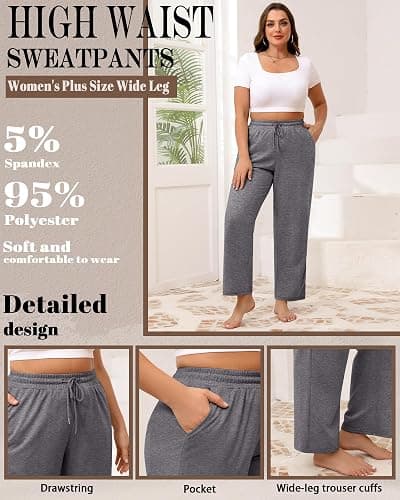 Neer 3 Pack Women's Plus Size Sweatpants Wide Leg Cargo Lounge Pants High Waist Ladies' Slacks Drawstring Jogger with Pockets thumbnail 5