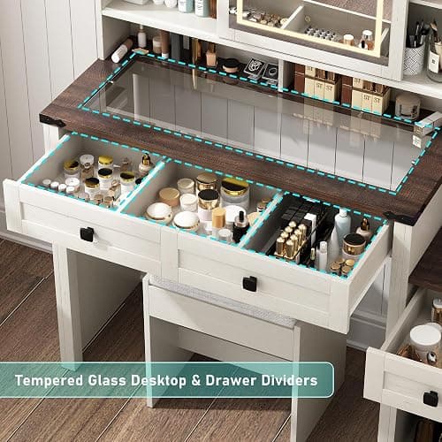 jiteentarou Farmhouse 47" Large Makeup Vanity Desk with Glass Tabletop, White Vanity with Sliding Mirror and Lights, Vanity Set with Stool & Charging Station, 3 Colors Lights, Ample Storage thumbnail 3