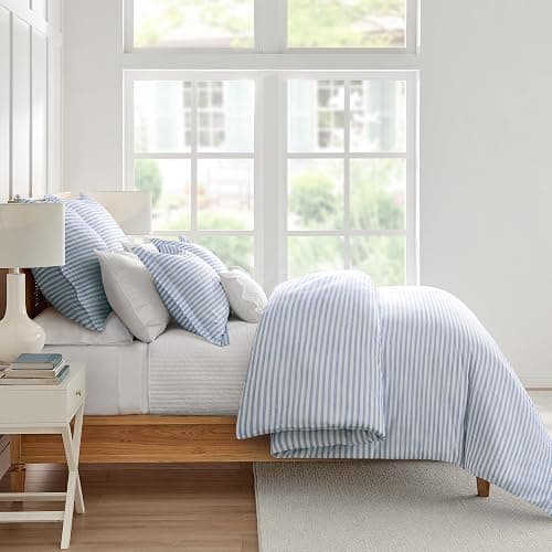 Levtex Home Martha Stripe Blue Reversible Full/Queen Comforter Set (90x94in) with 2 Pillowcases (26x20in) - Stripe Bedding - Blue, White - Cotton Queen Size Comforter Set - Lofty, Soft, Pre-Washed thumbnail 3