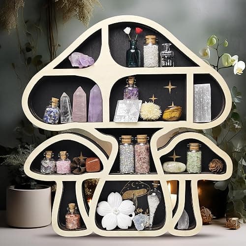 FNYDOX Wooden Mushroom Floating Shelves, Crystal Display Shelf for Wall, Cute Mushroom Wall Decor, Rock Gem Stone Storage Organizer, Essential Oil Holder Hanging Case, Meditation Art Spiritual Gift thumbnail 5